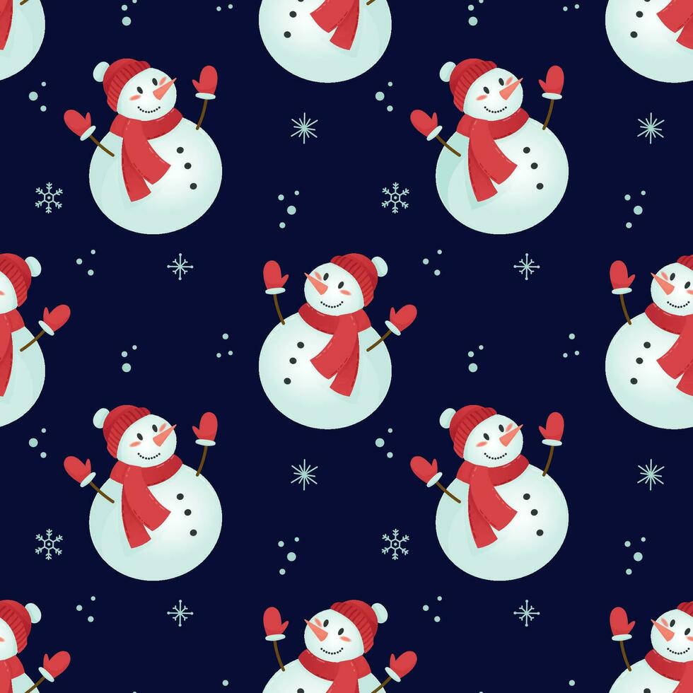 Natal desatado padronizar com fofa boneco de neve dentro inverno equipamento e flocos de neve em Sombrio azul fundo. perfeito para têxtil, papel de parede ou impressão Projeto vetor