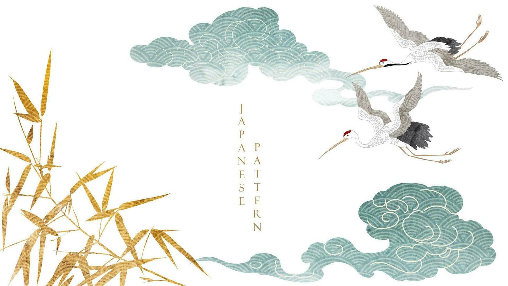 japonês fundo com ouro e azul textura vetor. bambu e chinês nuvem decorações dentro vintage estilo. arte panorama com guindaste pássaros elementos. vetor