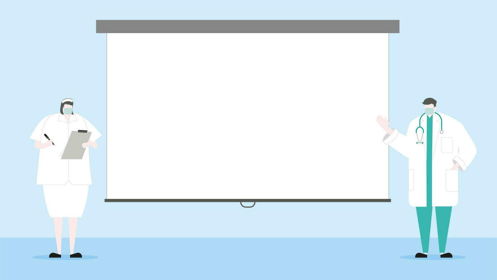 em branco texto caixa. a médico e enfermeira vestem cirúrgico mascarar explicar palestra deslizar apresentação. vetor