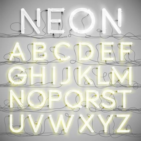 Alfabeto de néon realista com fios (on), vetor
