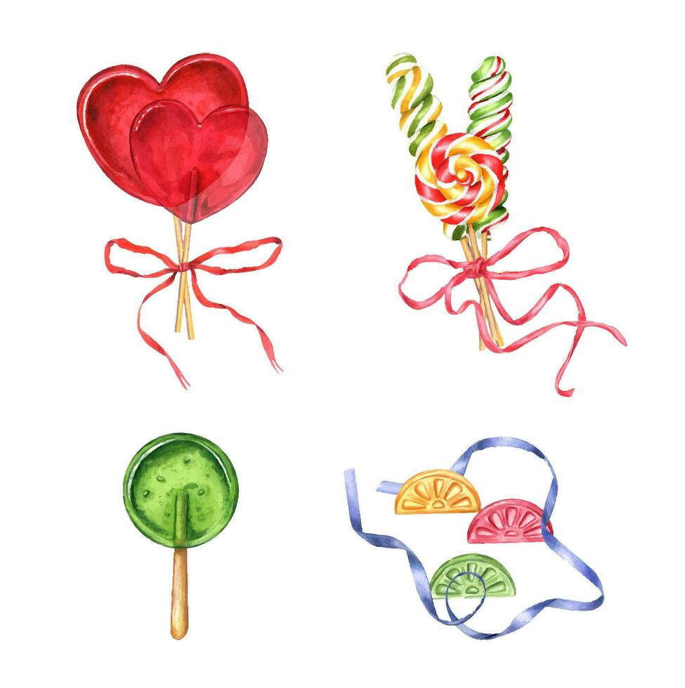 doces, espiral pirulitos, açúcar caramelo em bastão com arcos. aguarela ilustração do bombons vetor