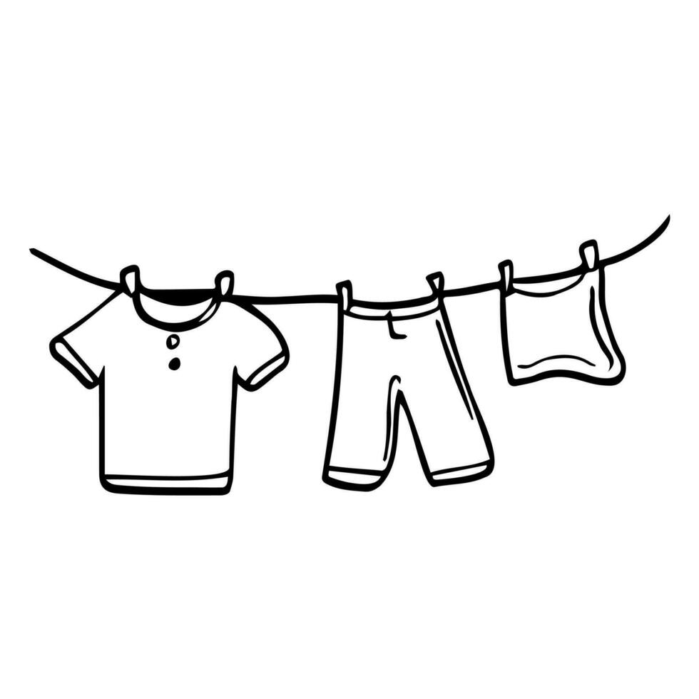rabisco lavanderia em uma corda ícones. vetor lavanderia roupas esboço