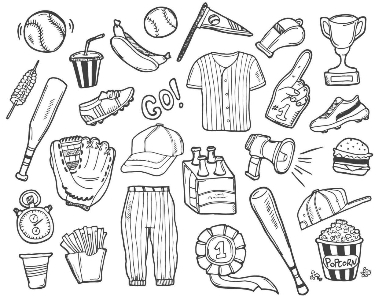 beisebol rabisco definir. especial esporte equipamento. mão desenhado vetor ilustração isolado sobre branco fundo.