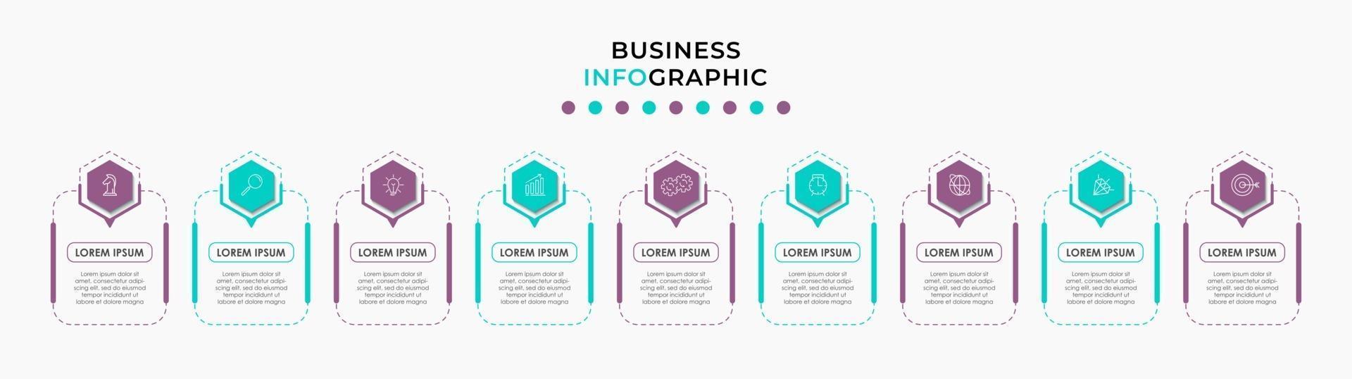 modelo de negócios de design de infográfico com ícones e 9 opções ou etapas vetor