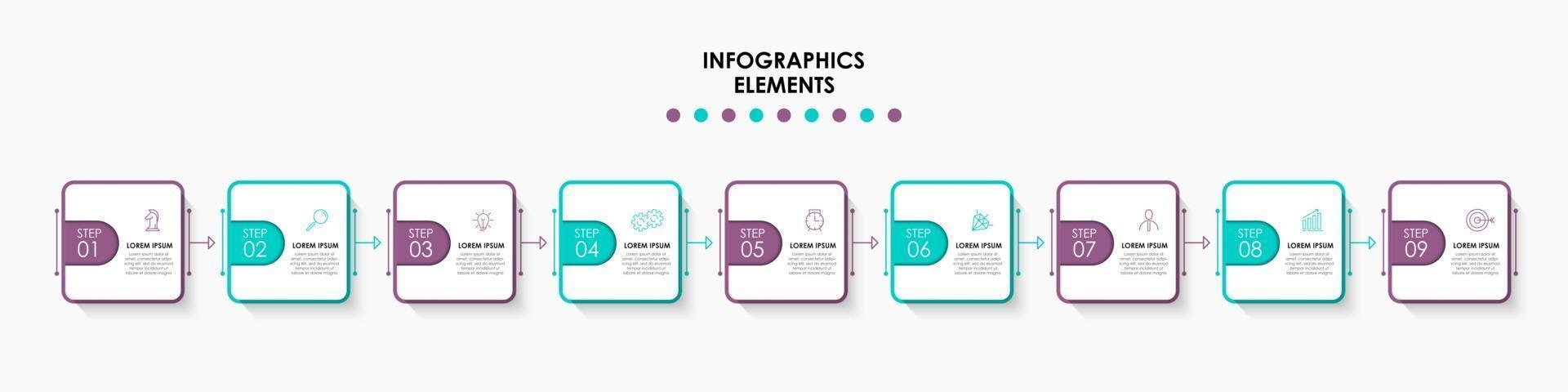 modelo de negócios de design de infográfico com ícones e 9 opções ou etapas vetor