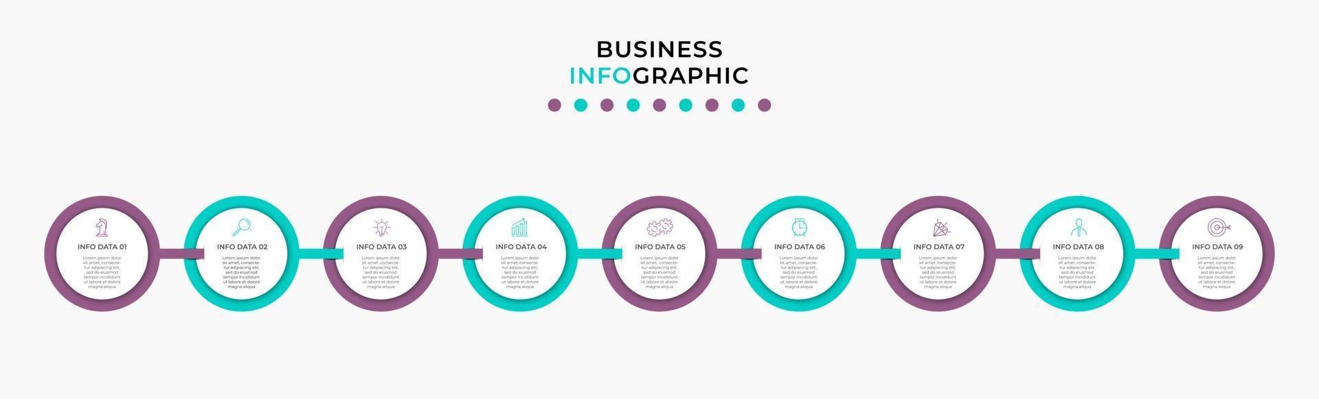 modelo de negócios de design de infográfico com ícones e 9 opções ou etapas vetor