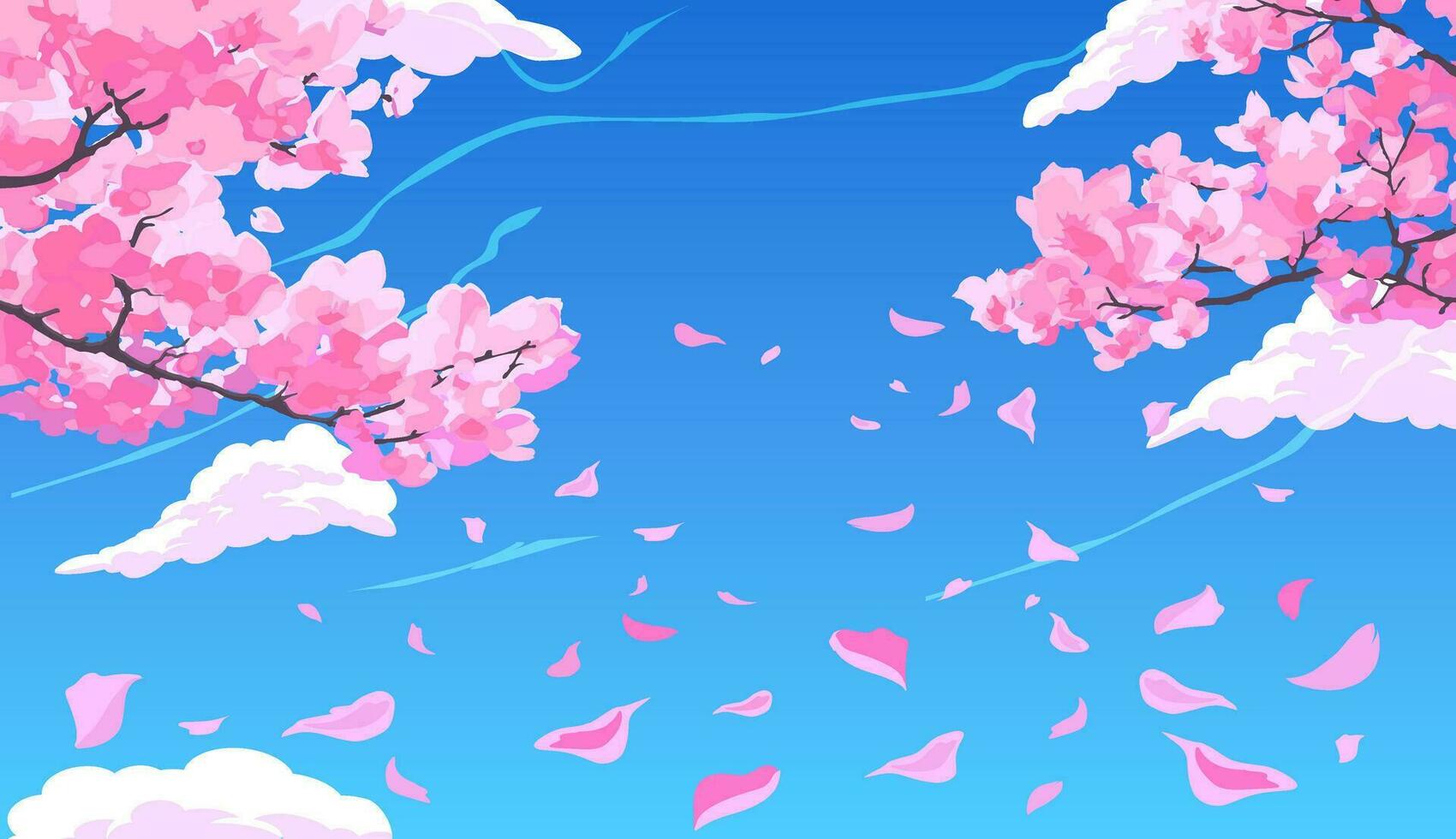 Rosa florescendo sakura cereja galhos com pétalas queda contra a fundo do uma brilhante azul céu com nuvens. vetor