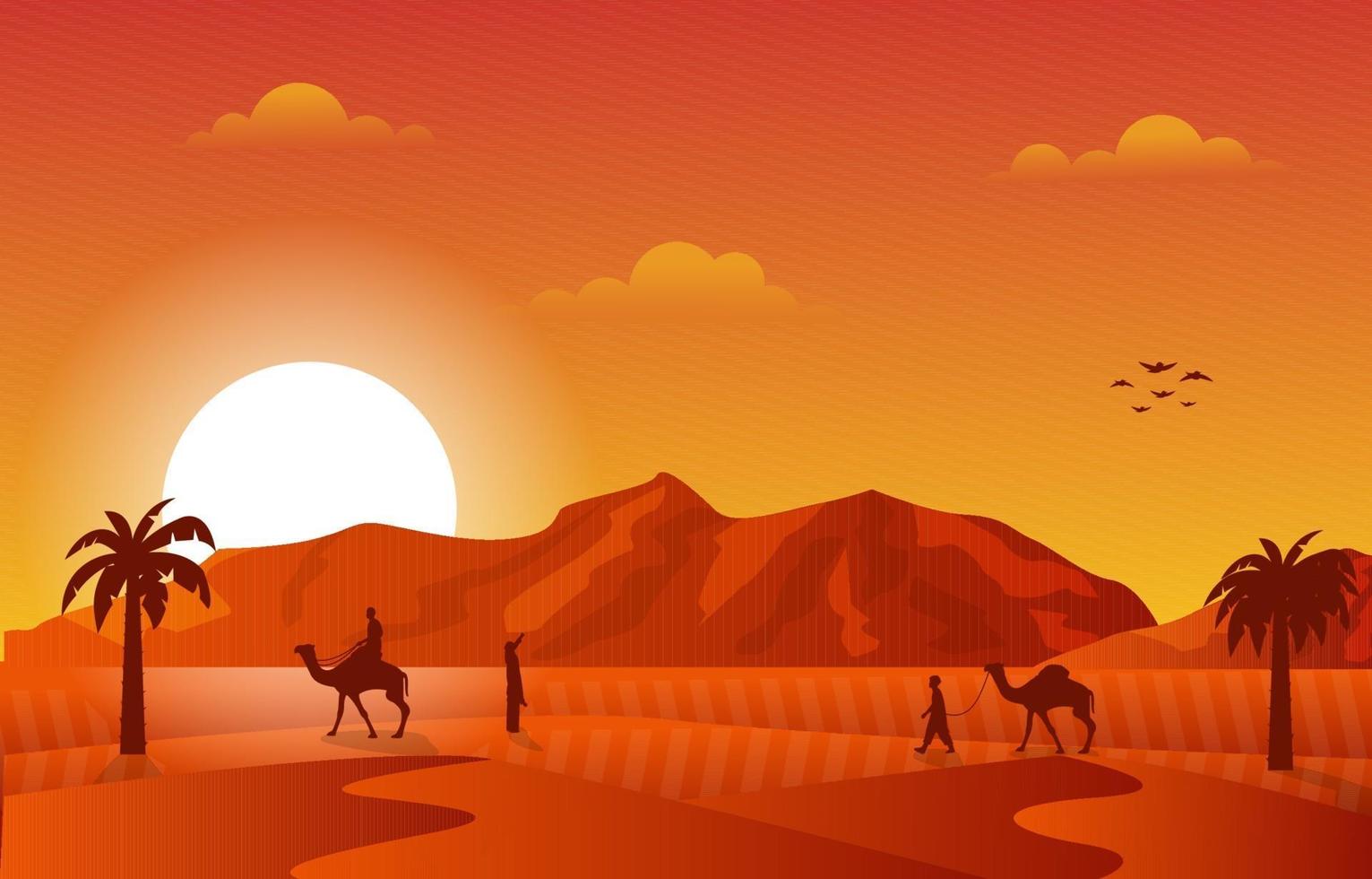 ilustração da cultura islâmica muçulmana do pôr do sol no deserto árabe camelo caravana vetor