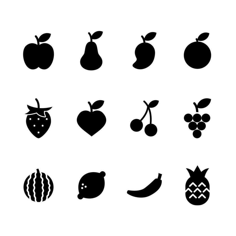 frutas ícones conjunto Preto preencher em branco fundo. vetor ilustração. eps 10