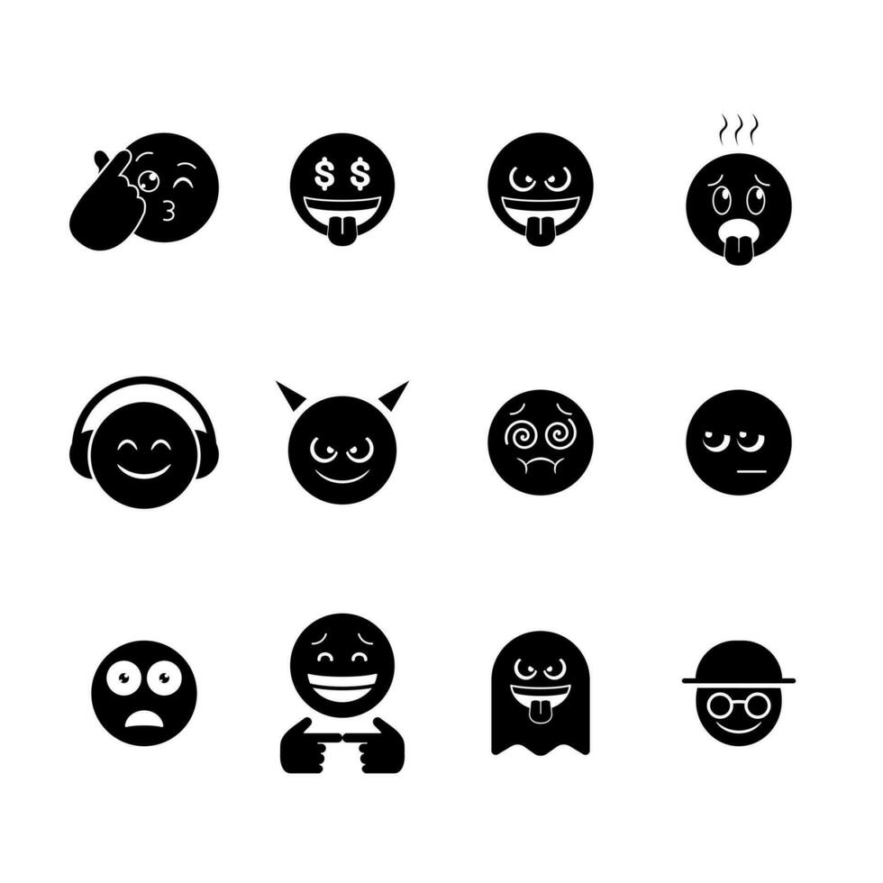 emoticon ícone conjunto sobre branco fundo, silhueta estilo, vetor ilustração