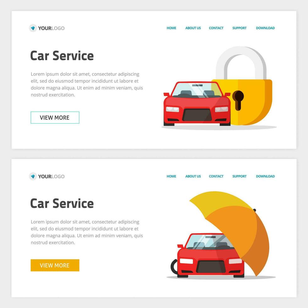 carro seguro ou automóvel proteção serviço local na rede Internet modelo Projeto vetor disposição ou brincar, plano desenho animado rede local aterrissagem página e veículo protegido com trava escudo ou guarda-chuva segurança bandeira