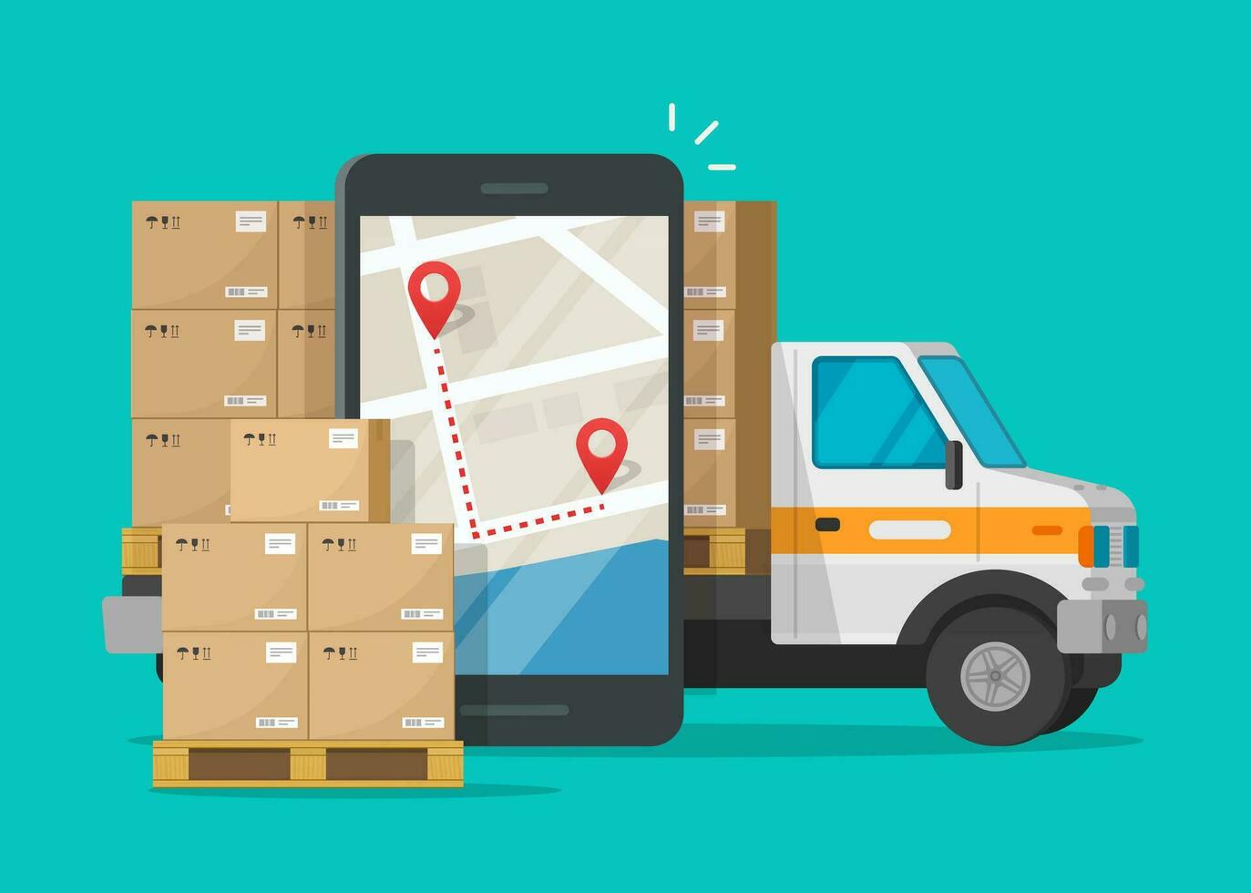 postal logístico serviço ou correio frete transporte Entrega vetor, plano desenho animado carga caminhão automóvel com parcela pacotes e celular ou Móvel telefone cidade mapa PIN destino rastrear imagem vetor