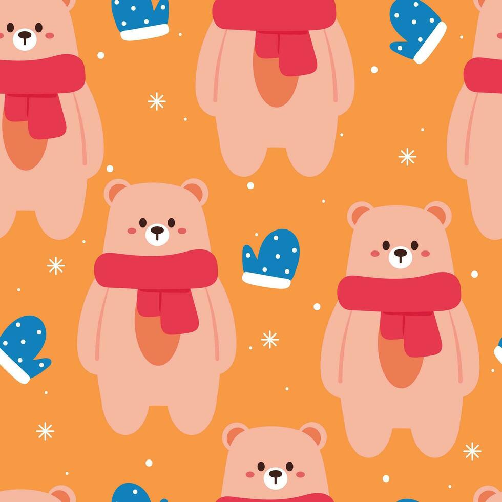 desatado padronizar desenho animado Urso vestindo lenço. fofa animal papel de parede com flocos de neve ilustração para presente embrulho papel, inverno papel de parede vetor