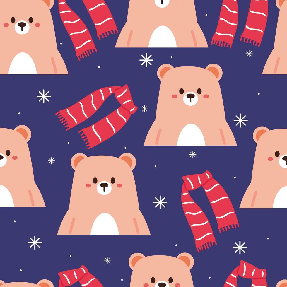 desatado padronizar desenho animado Urso vestindo lenço. fofa animal papel de parede com flocos de neve ilustração para presente embrulho papel, inverno papel de parede vetor