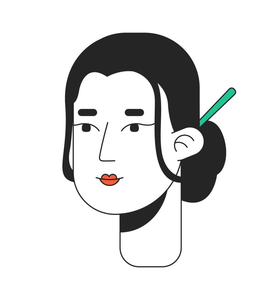 tradicional japonês mulher kanzashi 2d linear desenho animado personagem cabeça. jovem adulto fêmea chinês cabelo pão isolado linha vetor pessoa face branco fundo. vestem grampo cor plano local ilustração
