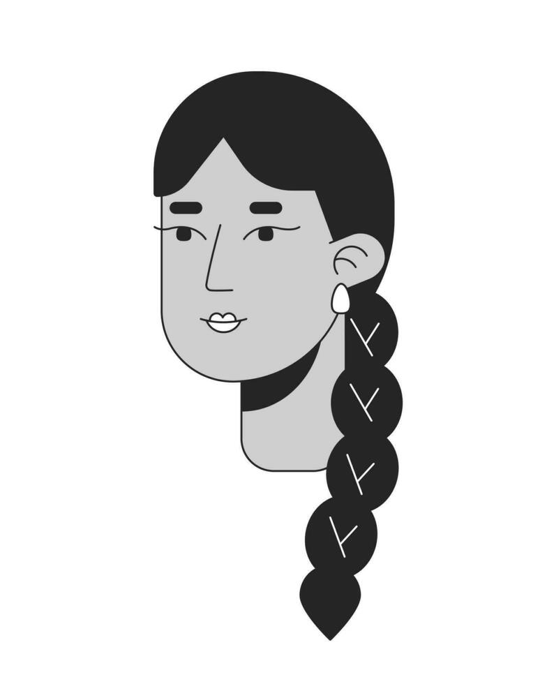 sul ásia mulher com grandes trança Preto e branco 2d linha desenho animado personagem cabeça. jovem adulto fêmea com trançado cabelo isolado vetor esboço pessoa face. monocromático plano local ilustração