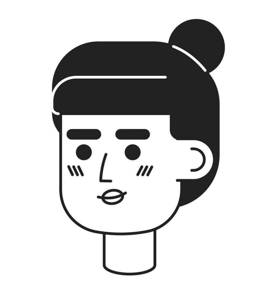 ásia mulher com topo nó pão Preto e branco 2d vetor avatar ilustração. coreano jovem mulher esboço desenho animado personagem face isolado. à moda menina sorrir plano do utilizador perfil imagem, retrato fêmea