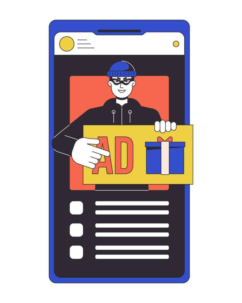 publicidade fraude plano linha conceito vetor local ilustração. chamando para clique em de Anúncios. Smartphone 2d desenho animado esboço objeto em branco para rede ui Projeto. cibercrime editável isolado cor herói imagem