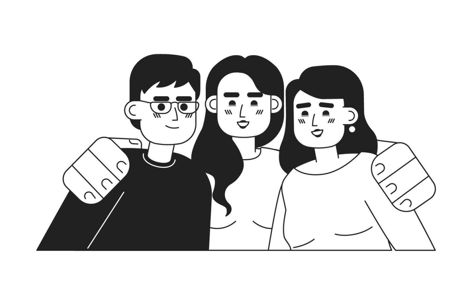 diverso grupo do pessoas abraçando monocromático plano vetor personagens. desfrutando empresa. editável fino linha metade corpo pessoas em branco. simples bw desenho animado local imagem para rede gráfico Projeto