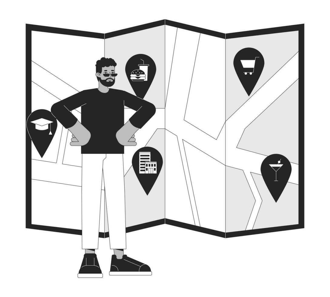 Novo Vizinhança exploração Preto e branco 2d ilustração conceito. escolher casa localização africano americano homem desenho animado esboço personagem isolado em branco. urbano plano metáfora monocromático vetor arte