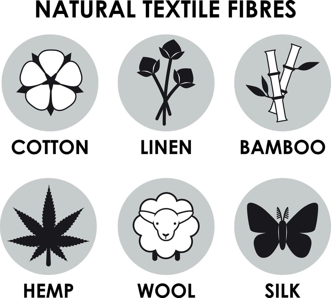 ícones de fibras têxteis naturais. algodão, bambu. lã, cânhamo, seda, linho vetor