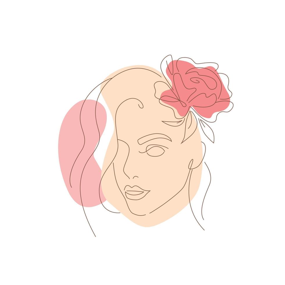 rosto abstrato de mulher jovem com flor, ilustração linear vetor