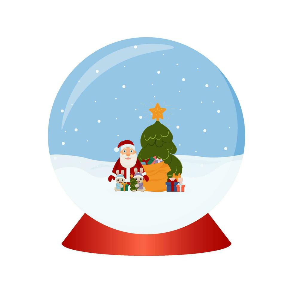 vidro neve globo Natal. santa claus e presentes, Natal árvore e coelhos . vetor ilustração isolado em uma branco fundo. Novo anos neve globo.