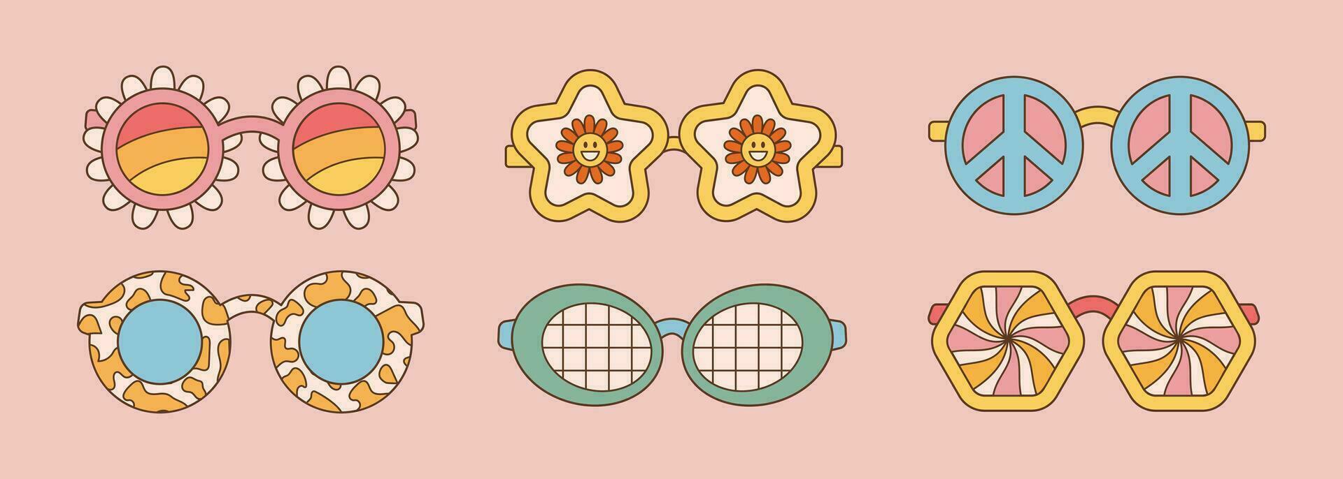 oculos de sol conjunto dentro retro groovy hippie estilo. vetor ilustração Anos 70 anos 80