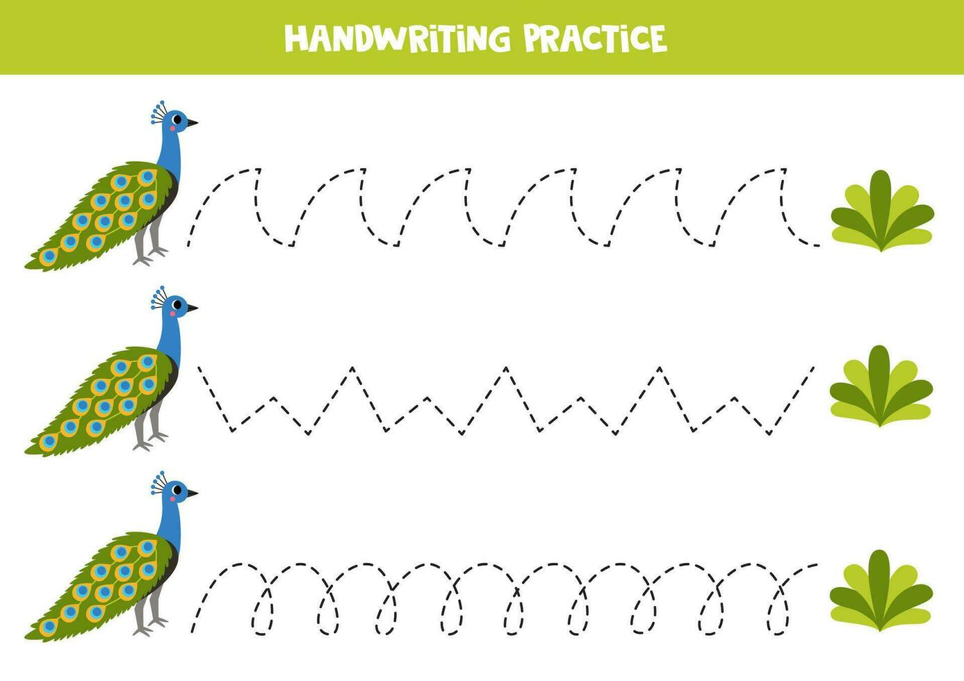 rastreamento linhas para crianças. fofa pavão e arbusto. caligrafia prática. vetor