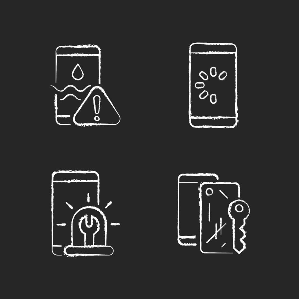 problemas usuais de telefones celulares desenhados com giz em ícones brancos em fundo escuro vetor