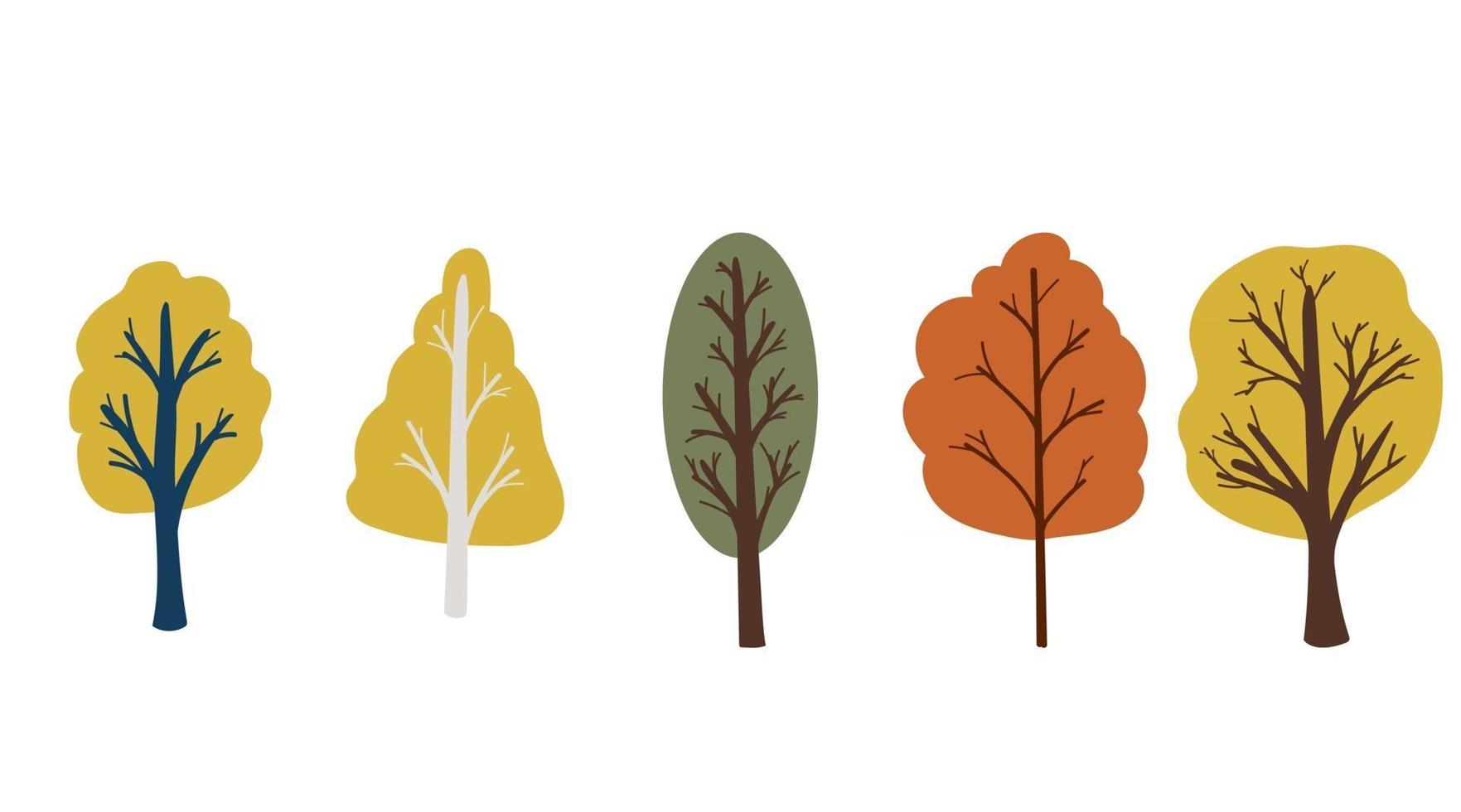 Conjunto de vetores de árvores de outono com tronco e folhagem brilhante