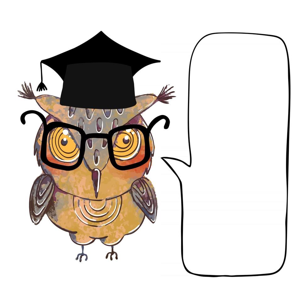 ilustração colorida de coruja fofa com chapéu de pós-graduação e balão de fala vetor