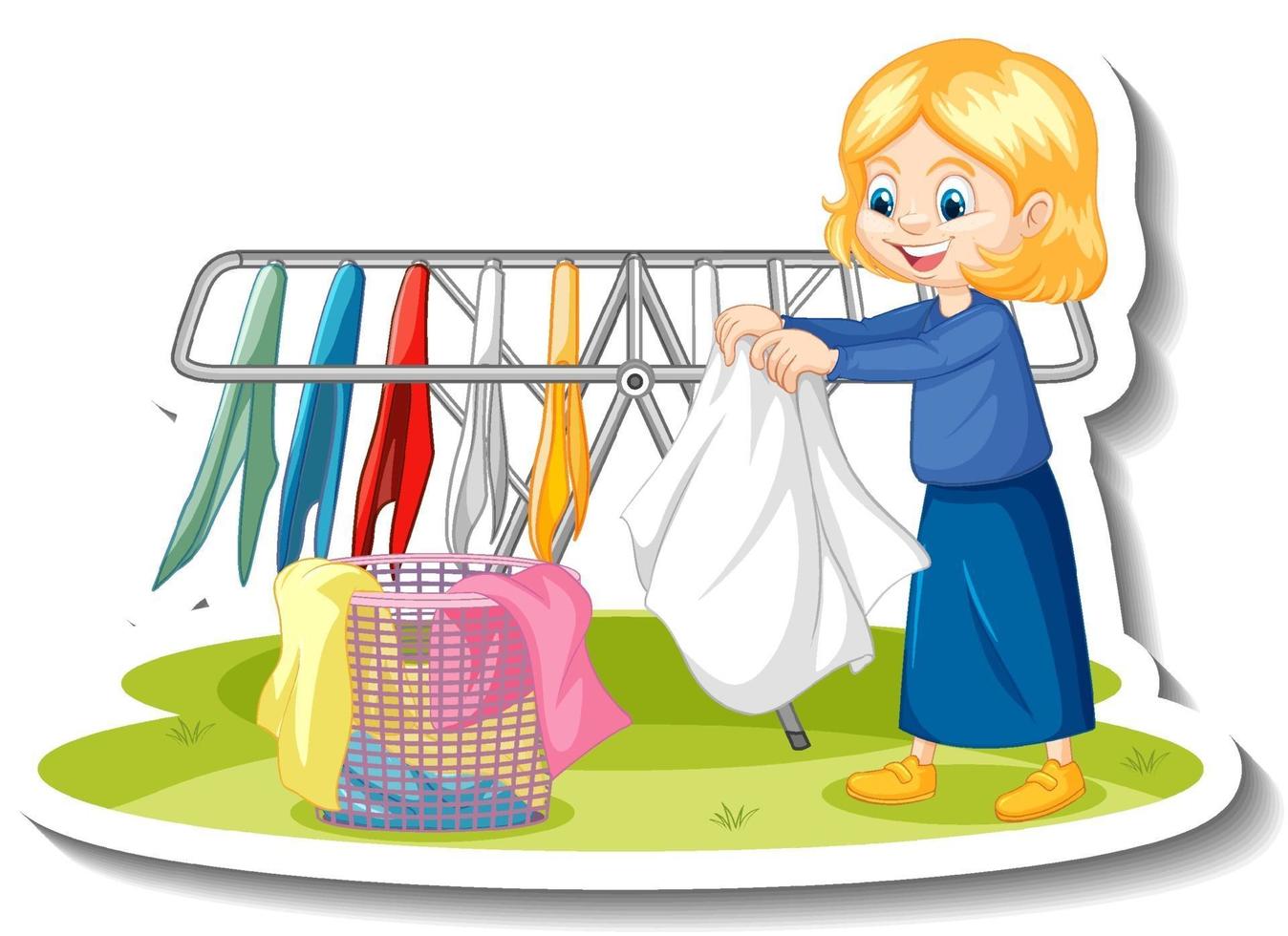 Adesivo de personagem de desenho animado de uma dona de casa secando roupas vetor