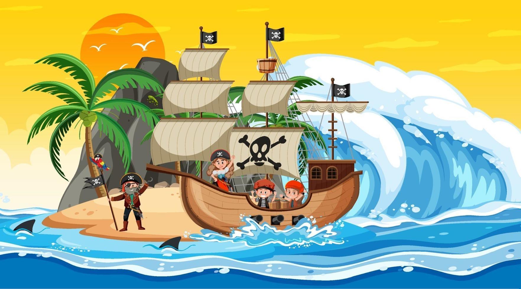 oceano com navio pirata na cena do pôr do sol em estilo cartoon vetor