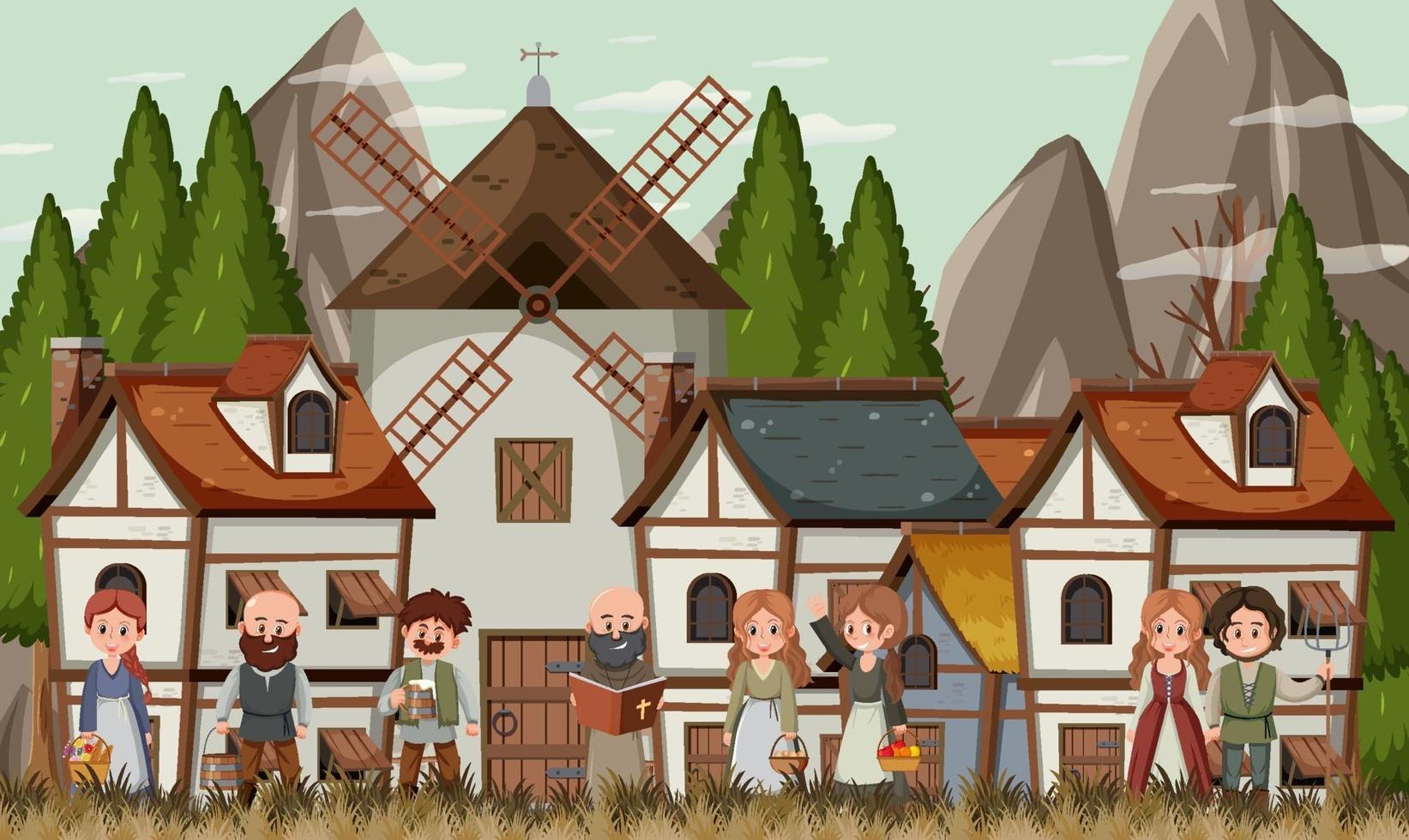 cena de cidade medieval com aldeões vetor