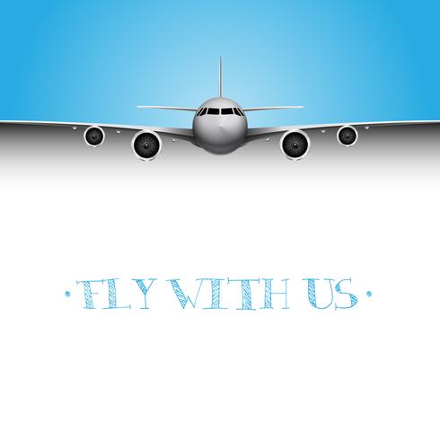 Avião realista com título de &#39;voar conosco&#39;, panfleto de vetor de negócios