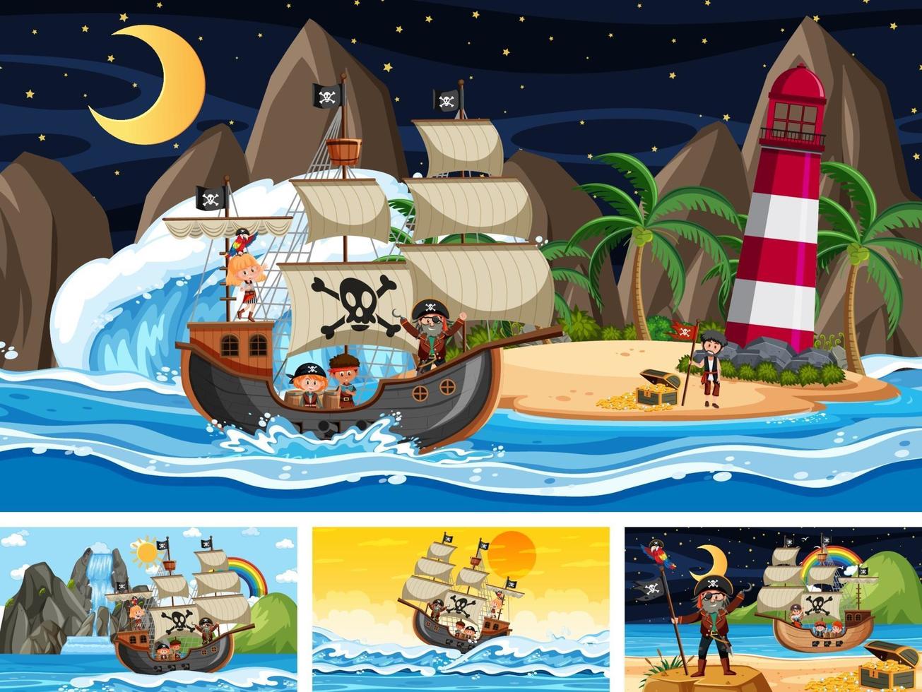 conjunto de diferentes cenas de praia com navio pirata vetor