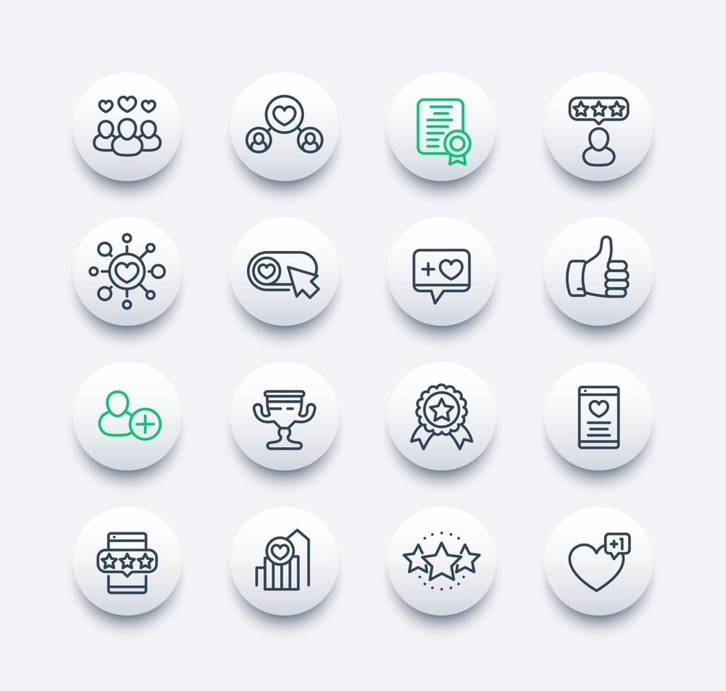 curtidas, seguidores, classificação e conjunto de ícones de linha de feedback vetor
