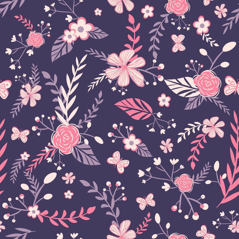 padrão barroco sem costura com flores rosa e violetas vetor