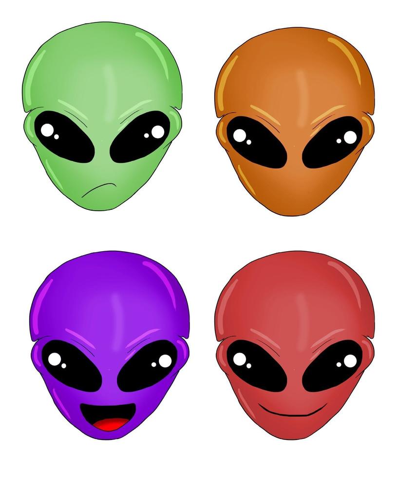 desenhados à mão diferentes rostos de alienígenas isolados em um fundo branco vetor