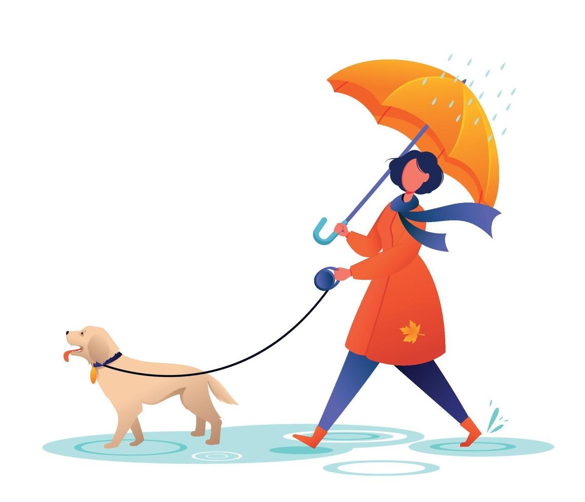 jovem passeando com o cachorro sob o guarda-chuva vetor