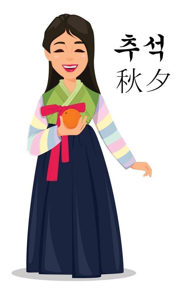 feliz chuseok. linda garota com roupas tradicionais vetor