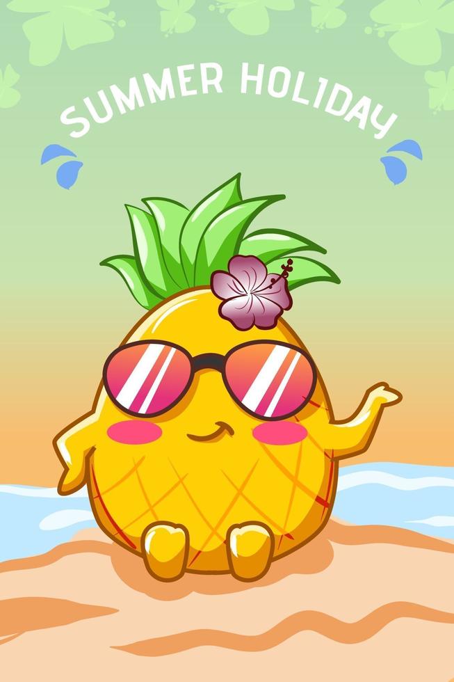 abacaxi feliz e fofo na praia no verão ilustração dos desenhos animados vetor