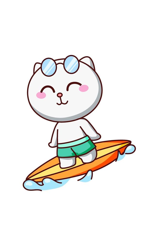 gato fofo surfando no mar na ilustração dos desenhos animados de verão vetor