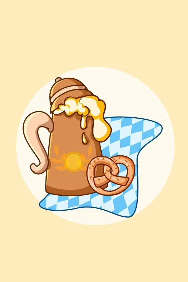 pretzel e cerveja em chaleiras na ilustração dos desenhos animados da oktoberfest vetor