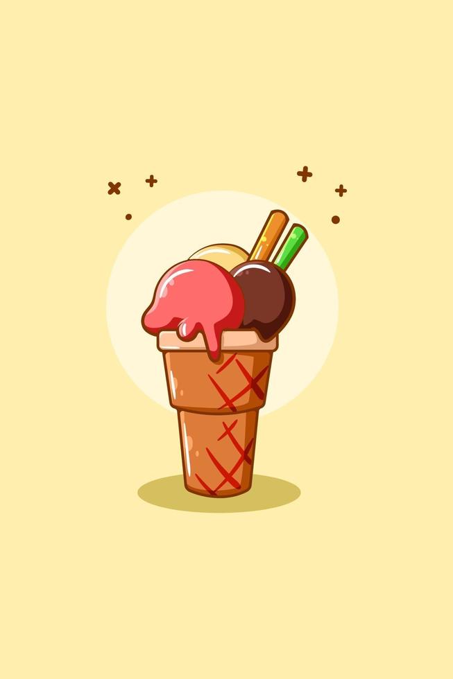 ilustração dos desenhos animados do ícone de três sabores de sorvete vetor