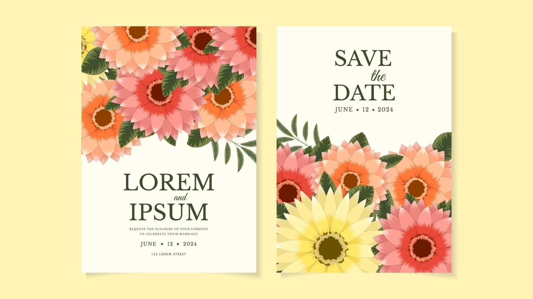 conjunto de convite de casamento de flores elegantes cartão de casamento de decoração floral vetor