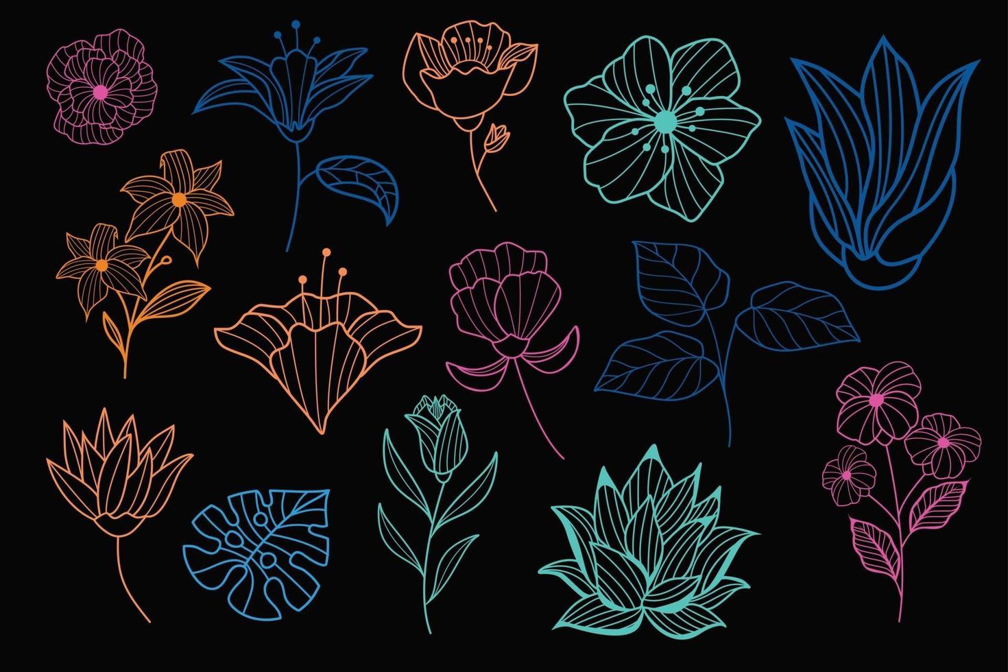 lindas coleções de vetores florais em néon desenhados à mão