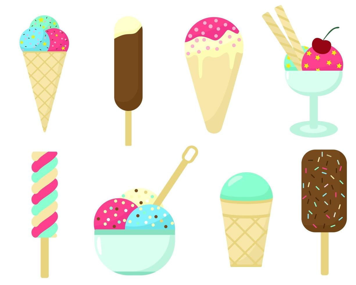 conjunto de diferentes tipos de ilustração vetorial de sorvete vetor