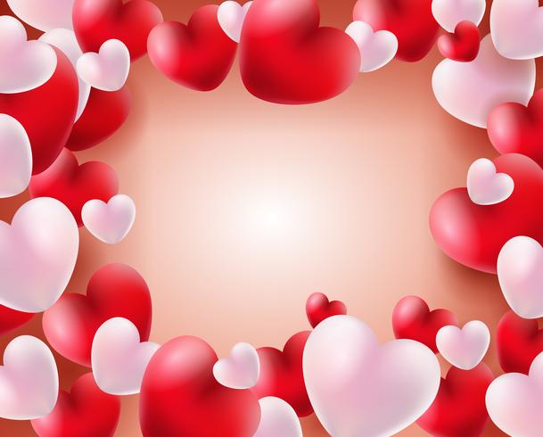Fundo de dia dos namorados com balões vermelhos e brancos conceito de corações 3d vetor